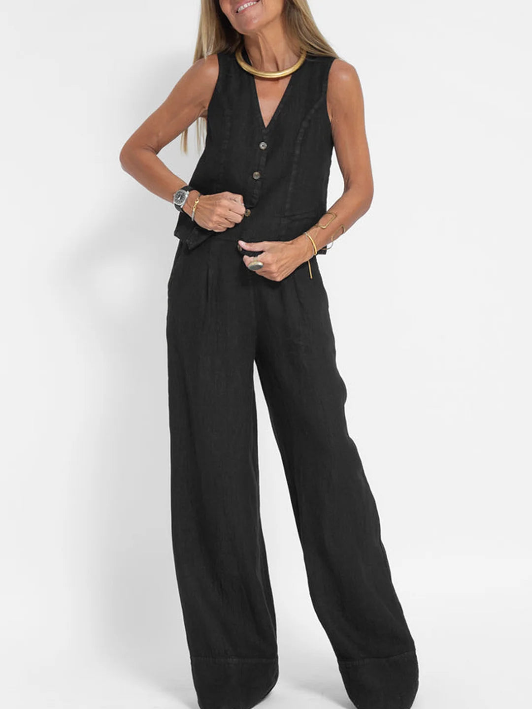 Aira - Buttoned Vest &amp; Wide-Leg Trousers Set