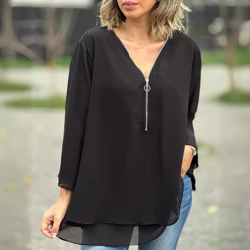 Hyacinth - V-Neck Flowy Zipped Top
