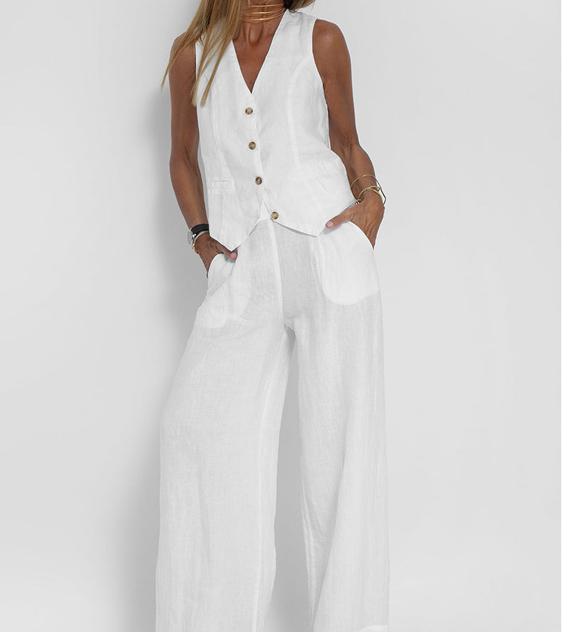 Aira - Buttoned Vest &amp; Wide-Leg Trousers Set