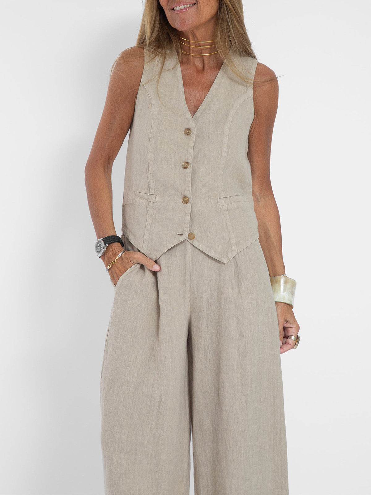 Aira - Buttoned Vest &amp; Wide-Leg Trousers Set