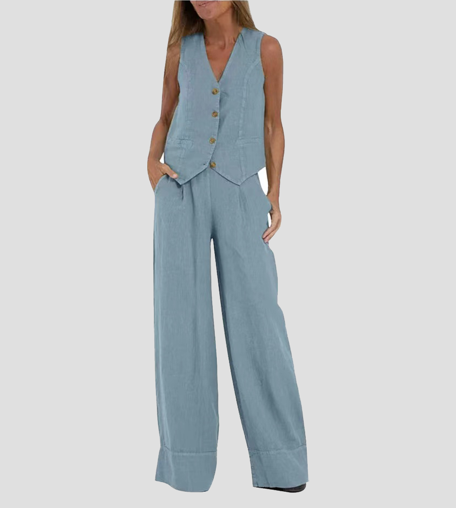 Aira - Buttoned Vest &amp; Wide-Leg Trousers Set