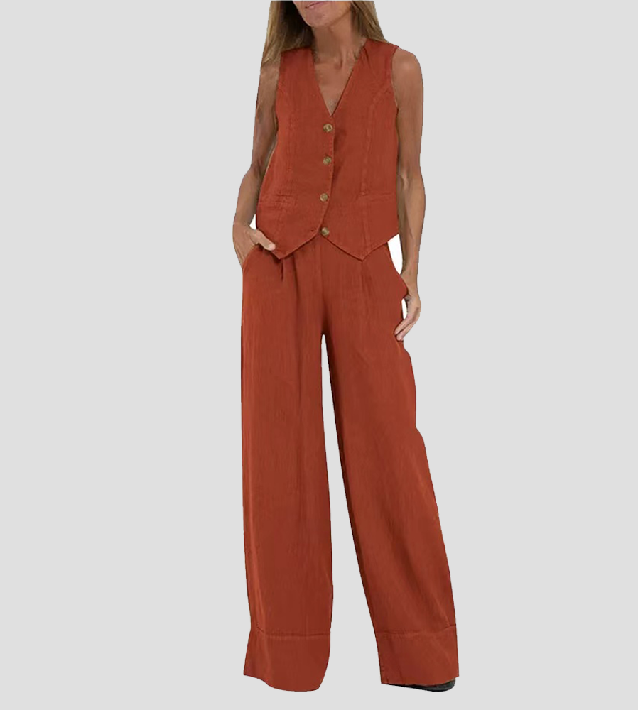 Aira - Buttoned Vest &amp; Wide-Leg Trousers Set